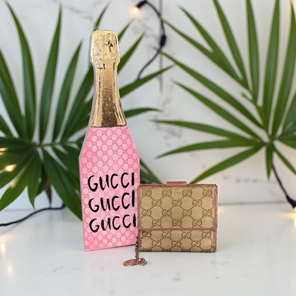 💕GUCCI💕Tan/Pink GG Canvas and Leather French Flap Wallet with COA/GUC